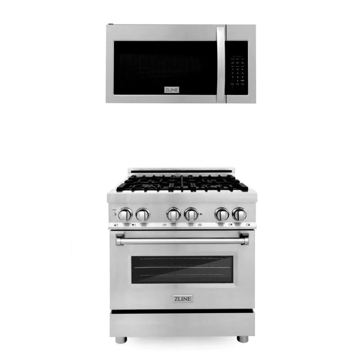 ZLINE 30" Kitchen Package – Satin Stainless Steel Dual Fuel Range & Over-the-Range Microwave with Traditional Handle