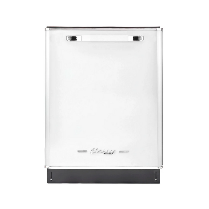 Front view of a white retro-style dishwasher with the brand name 'Unique' visible.