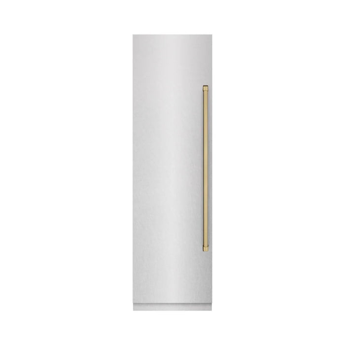ZLINE Autograph Edition 24-Inch Column Freezer in DuraSnow® Stainless Steel with Graphite Gray Interior and Polished Gold Accents