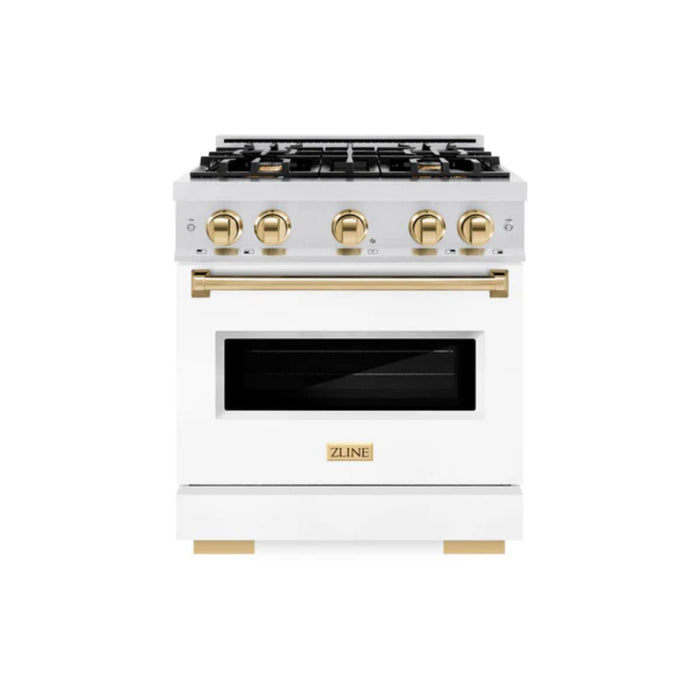 ZLINE Autograph Edition Classic Gas Range with Convection Gas Oven in Satin Stainless Steel Matte White and Polished Gold Accents