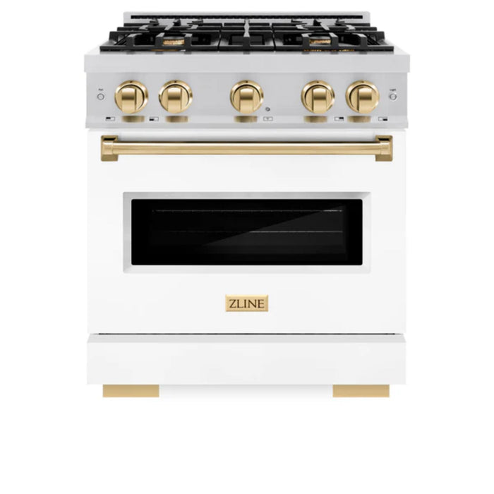 ZLINE Autograph Edition Classic Dual Fuel Ranges in White Matte with Polished Gold Accents
