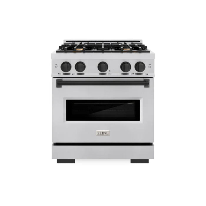 ZLINE Autograph Edition Classic Dual Fuel Ranges in Stainless Steel with Matte Black Accents.