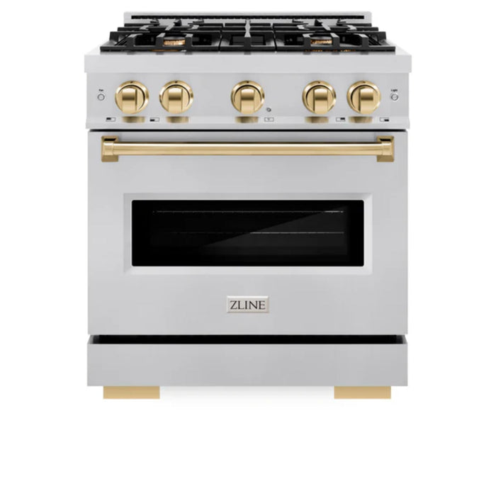 ZLINE Autograph Edition Classic Dual Fuel Ranges Burner Gas Cooktop and Electric Convection Oven in Stainless Steel with Polished Gold Accents