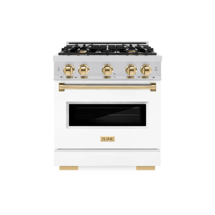 ZLINE Autograph Edition Classic Gas Range with Convection Gas Oven in Stainless Steel with White Matte Door and Polished Gold Accents