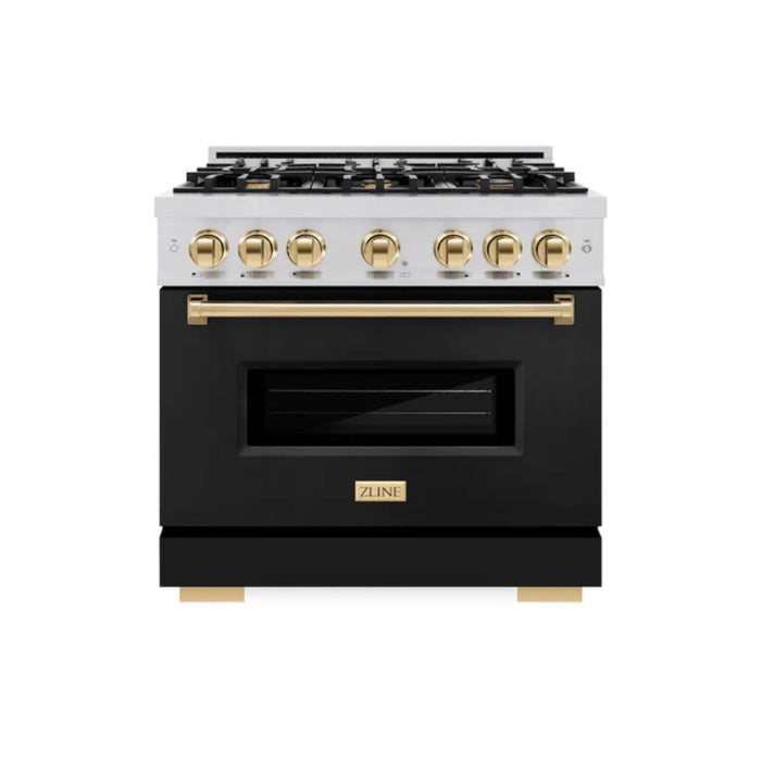 ZLINE Autograph Edition Classic Gas Range with Convection Gas Oven in Stainless Steel and Matte Black door Polished Gold Accents