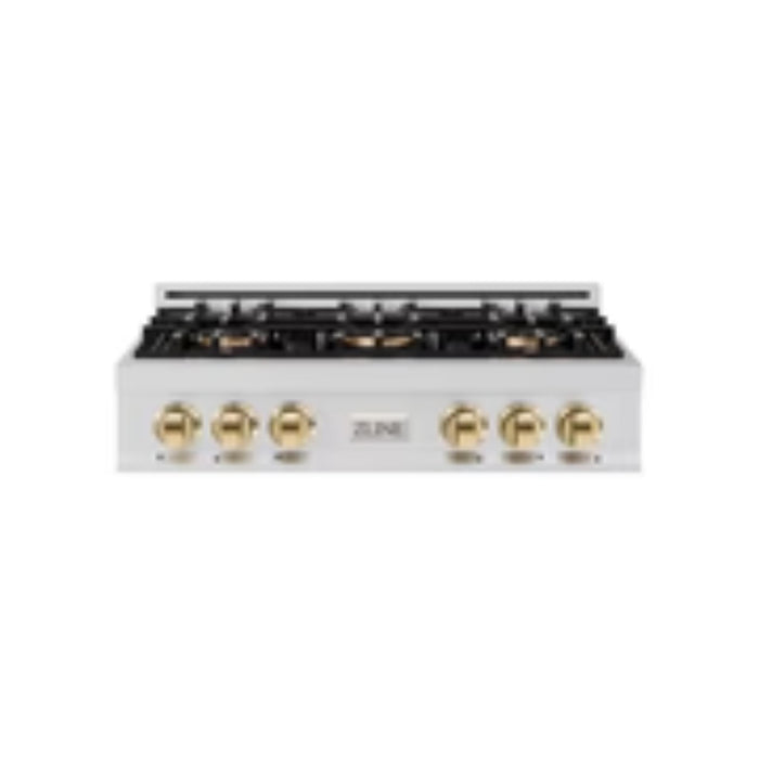 ZLINE Autograph Edition 36" Classic Gas Rangetop with 6 Burner DuoPro™ Cooktop in Stainless Steel and Polished Gold Accents