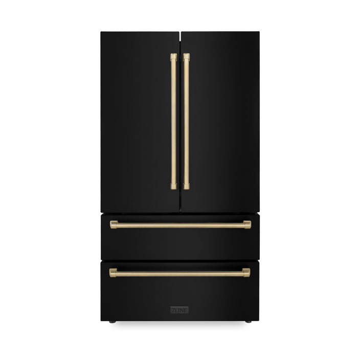 ZLINE 36" Autograph Edition Counter-Depth French Door Refrigerator with Ice Maker in Fingerprint-Resistant Black Stainless Steel and Champagne Bronze Traditional Handles