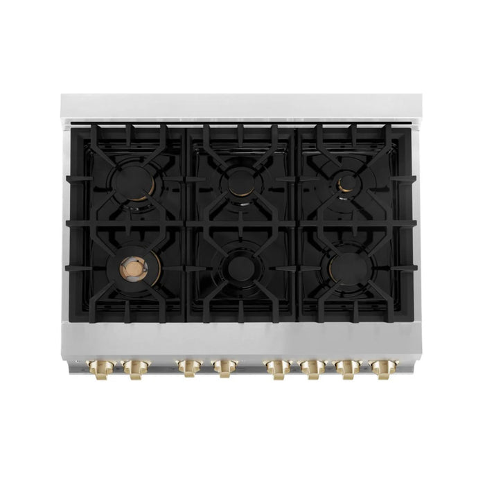 ZLINE Autograph Edition 30", 36", & 48" Stainless Steel Dual Fuel Range, Convertible Vent Wall Mount Range Hood, and Dishwasher Kitchen Package with Polished Gold Accents