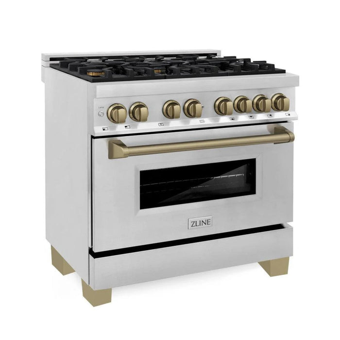 ZLINE Autograph Edition 30", 36", & 48" Stainless Steel Dual Fuel Range, Convertible Vent Range Hood, and Dishwasher Kitchen Package with Champagne Bronze Accents