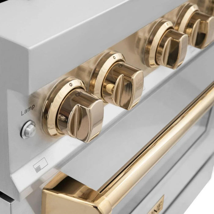 ZLINE Autograph Edition 30", 36", & 48" Stainless Steel Dual Fuel Range, Convertible Vent Wall Mount Range Hood, and Dishwasher Kitchen Package with Polished Gold Accents
