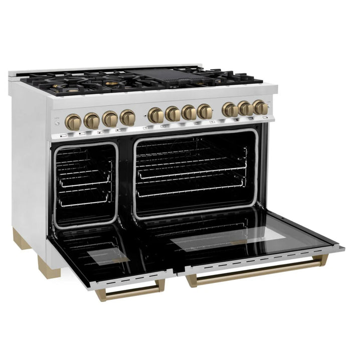 ZLINE Autograph Edition 30", 36", & 48" Stainless Steel Dual Fuel Range, Convertible Vent Range Hood, and Dishwasher Kitchen Package with Champagne Bronze Accents