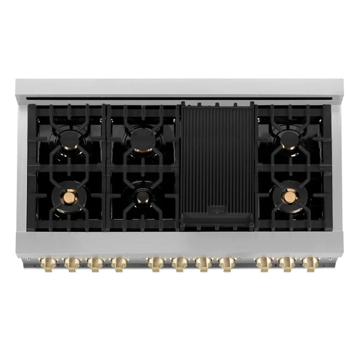 ZLINE Autograph Edition 30", 36", & 48" Stainless Steel Dual Fuel Range, Convertible Vent Wall Mount Range Hood, and Dishwasher Kitchen Package with Polished Gold Accents
