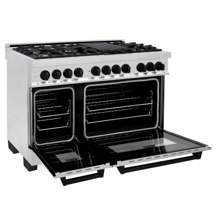 ZLINE Autograph Edition 30" & 48" Stainless Steel Dual Fuel Range, Convertible Vent Range Hood, and Dishwasher Kitchen Package with Matte Black Accents