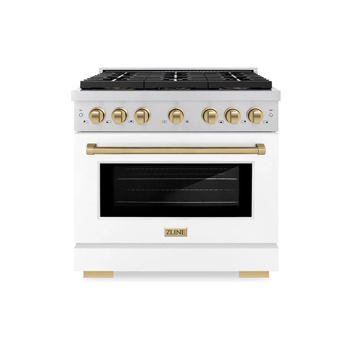 ZLINE Autograph Edition Paramount Gas Ranges with 6 and 8 Burner Cooktops, Convection Ovens, White Matte Doors, and Champagne Bronze Accents