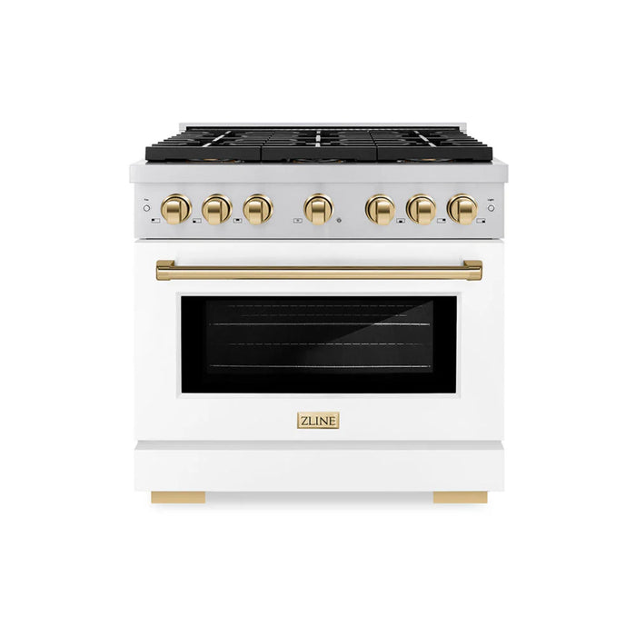 ZLINE Autograph Edition Paramount Gas Ranges with 6 and 8 Burner Cooktops and Convection Ovens in Stainless Steel with White Matte Doors and Polished Gold Accents