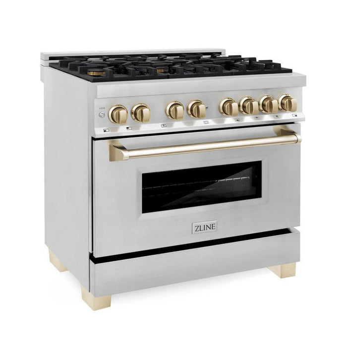 ZLINE Autograph Edition 30", 36", & 48" Stainless Steel Dual Fuel Range, Convertible Vent Wall Mount Range Hood, and Dishwasher Kitchen Package with Polished Gold Accents