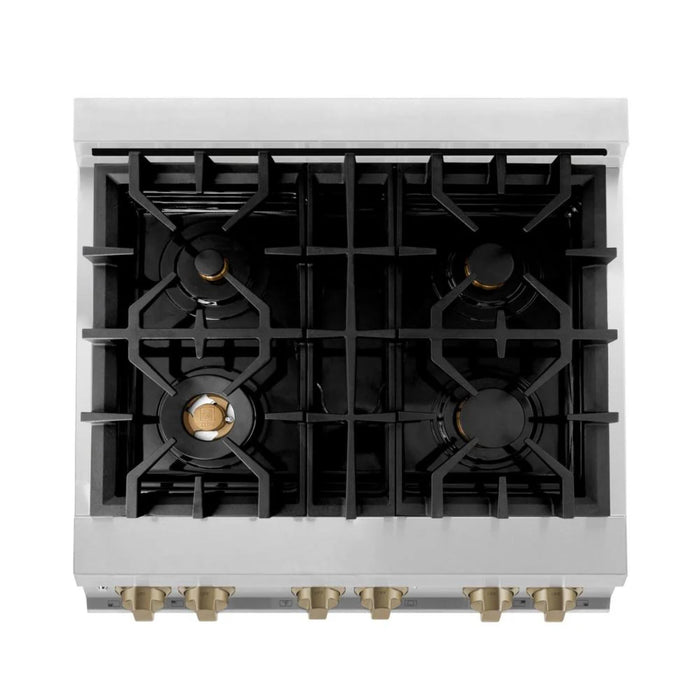 ZLINE Autograph Edition 30", 36", & 48" Stainless Steel Dual Fuel Range, Convertible Vent Range Hood, and Dishwasher Kitchen Package with Champagne Bronze Accents