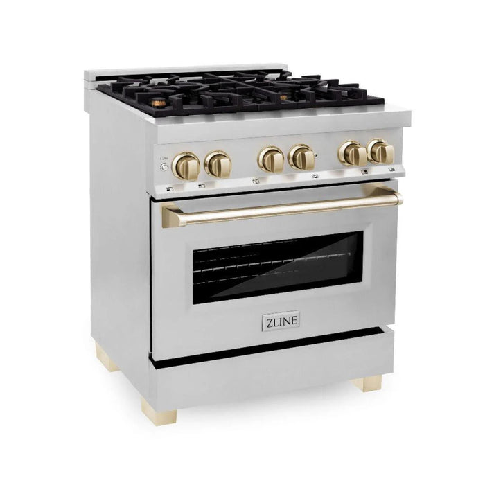 ZLINE Autograph Edition 30", 36", & 48" Stainless Steel Dual Fuel Range, Convertible Vent Wall Mount Range Hood, and Dishwasher Kitchen Package with Polished Gold Accents