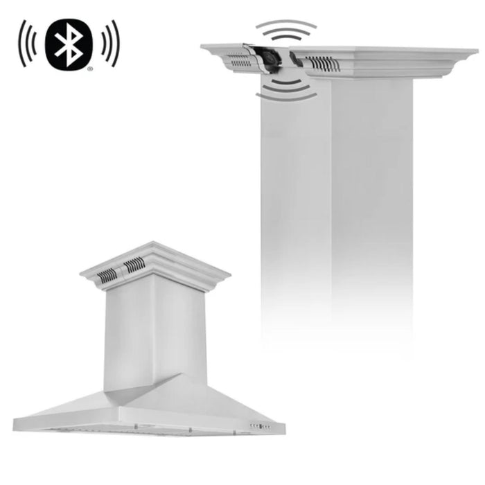 ZLINE GL1iCRN-BT 30" and 36" CrownSound™ Island Mount Range Hood with Built-in Bluetooth Speakers.