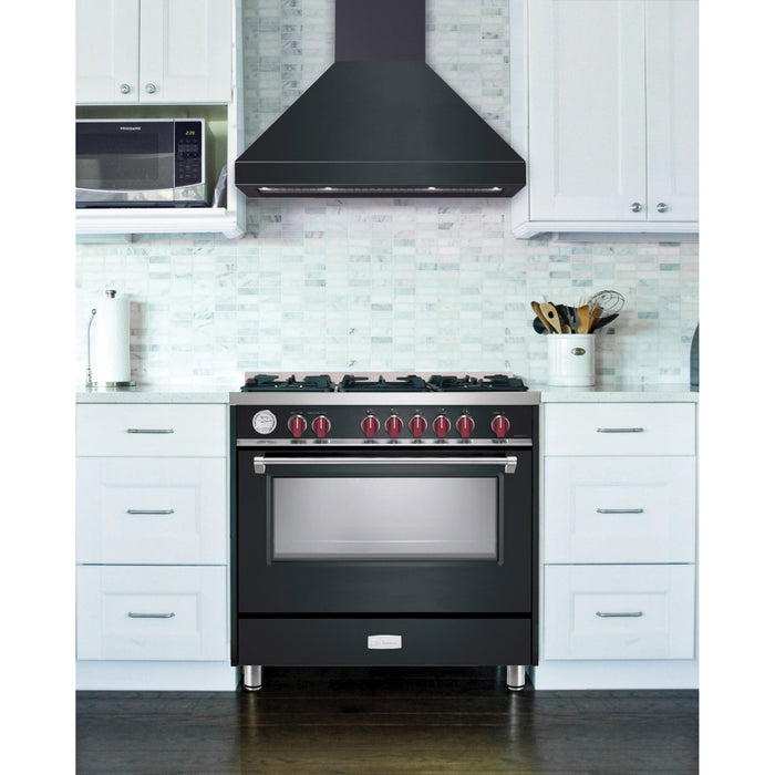 Verona 36-Inch Designer Series Matte Black Chimney Wall Mount Range Hood with 600 CFM, 4 Speed Fan and LED Lighting