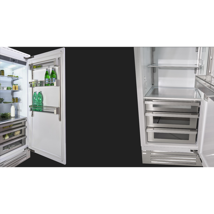 Fulgor Milano 13.03 cu.ft Pro Integrated Column Refrigerator, 700 Series, RH, Overlay, Bottom Compressor, Metal Interior, Soft-Closing Stainless Crispers