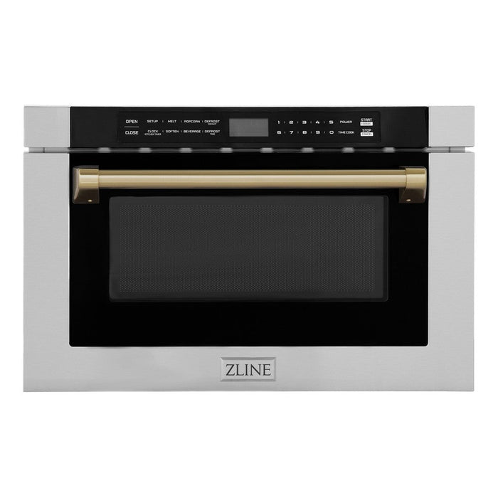 ZLINE 24" Autograph Edition  1.2 cu. ft. Built-in Microwave Drawer in Stainless Steel with Champagne Bronze Accents and Traditional Handle