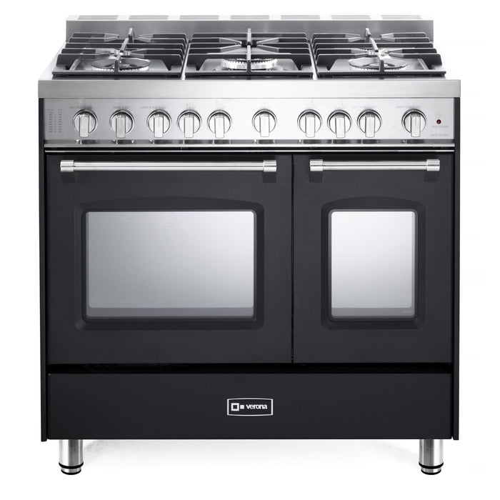 Verona Prestige 36-Inch Freestanding Matte Black Gas Range Double Oven With 5 Burners, 3.9 Cu. Ft. Total Capacity Convection Oven and Italian Design