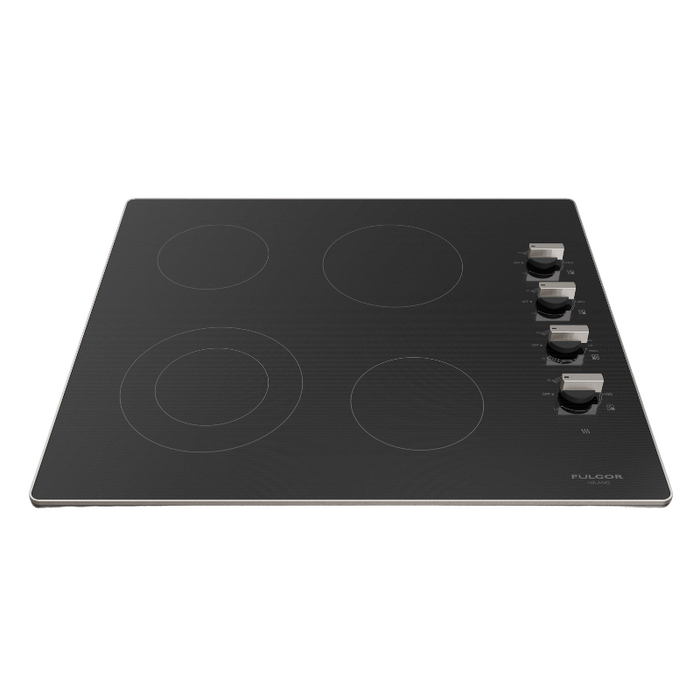 Fulgor Milano 24-Inch Distinto Built-In Electric Cooktop, 300 Series, 4 Cooking Zones, Manual Knob Control, Brushed Aluminum Trim