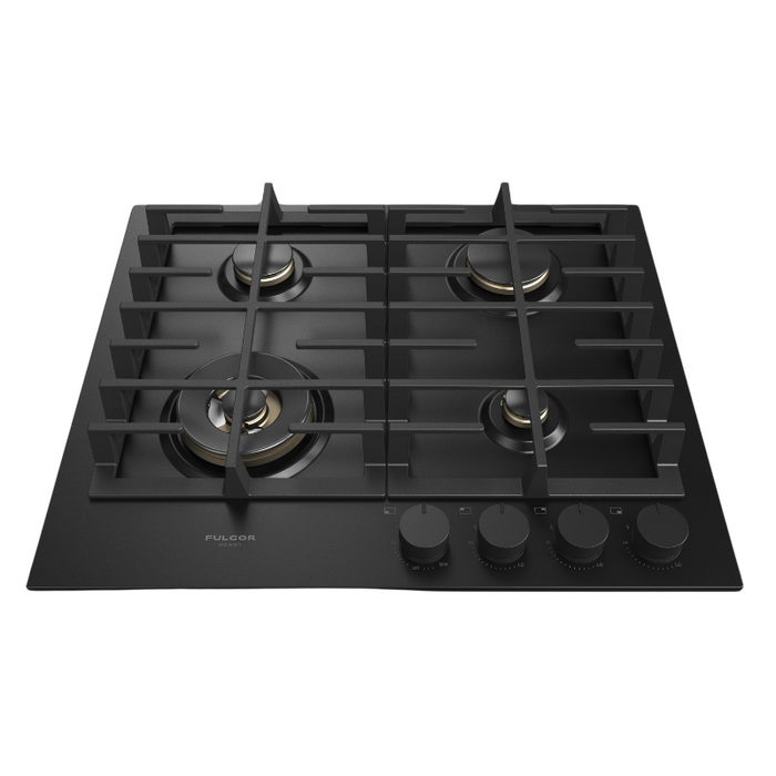 Fulgor Milano 24-Inch Matteo Built-In Gas Cooktop, 400 Series, 4 Brass Burners, 3 Sealed Burners, Powerful Dual Ring Wok Burner, Black Matte Porcelain Finish