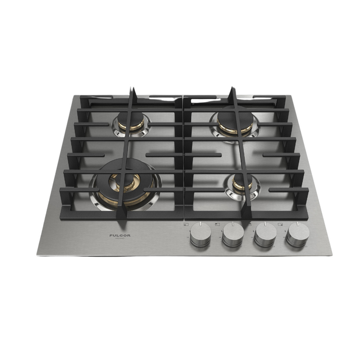 Fulgor Milano 24-Inch Matteo Built-In Gas Cooktop, 400 Series, 4 Brass Burners, 3 Sealed Burners, Powerful Dual Ring Wok Burner, Stainless Steel Finish