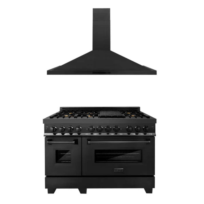 ZLINE 2-Piece Kitchen Package: 48" Black Stainless Steel Dual Fuel Range and Convertible Vent Range Hood (Model 2KP-RABRH48)
