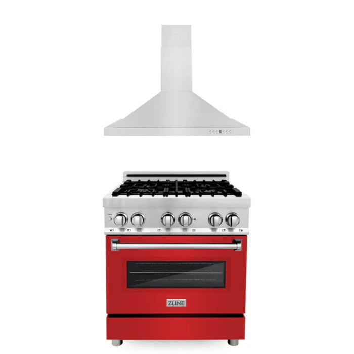 ZLINE 2-Piece Kitchen Package: Dual Fuel Range with Red Matte Door and Convertible Vent Range Hood (Models 2KP-RARMRH30, 2KP-RARMRH36, 2KP-RARMRH48)