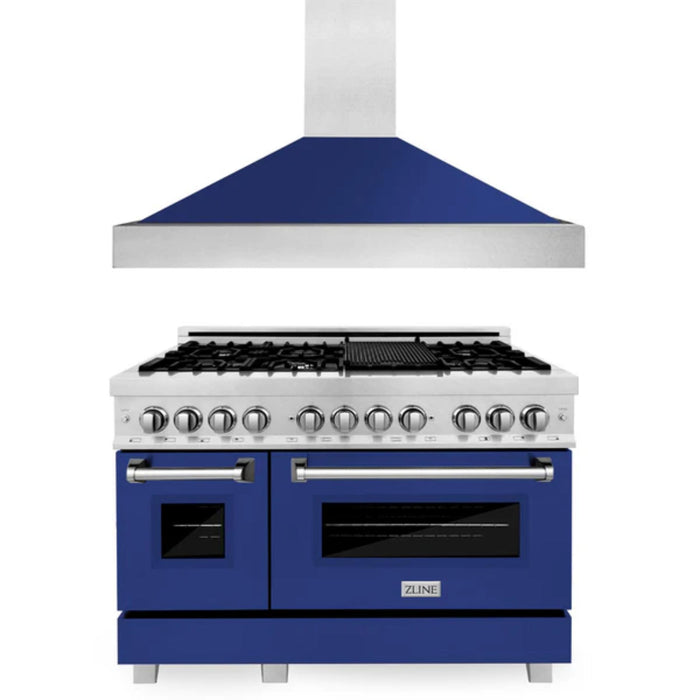 ZLINE 2-Piece Kitchen Package: Satin Stainless Steel Dual Fuel Range with Blue Gloss Door and Convertible Vent Range Hood