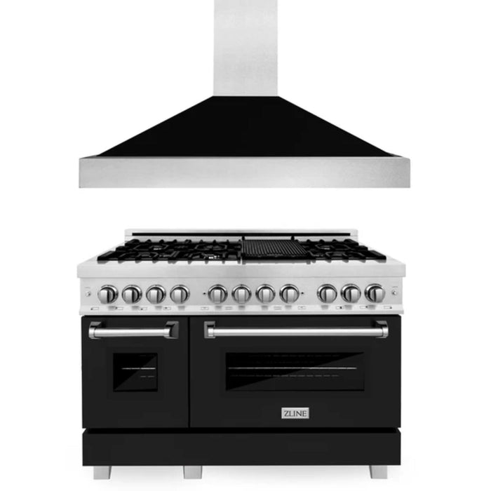 ZLINE 2-Piece Kitchen Package: 30", 36", and 48" DuraSnow® Stainless Steel Dual Fuel Range with Blue Matte Door and Convertible Vent Range Hood