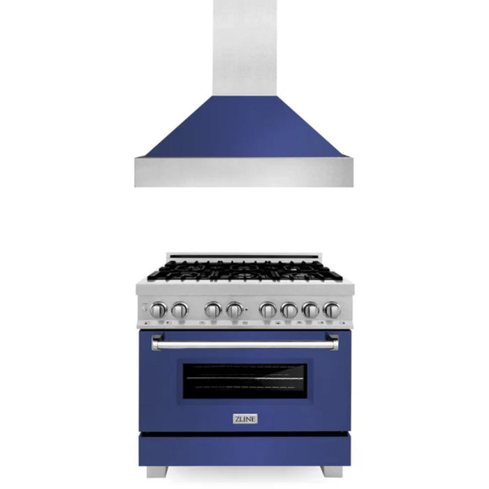 ZLINE 2-Piece Kitchen Package: Satin Stainless Steel Dual Fuel Range with Blue Matte Door and Convertible Vent Range Hood