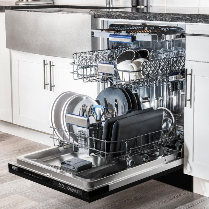 ZLINE  24" Autograph Edition 3rd Rack Top Control Tall Tub Dishwasher in Black Stainless Steel with Champagne Bronze Handle, 51dBa