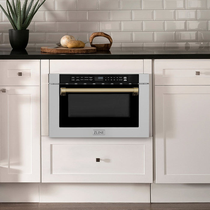 ZLINE 24" Autograph Edition  1.2 cu. ft. Built-in Microwave Drawer in Stainless Steel with Champagne Bronze Accents and Traditional Handle