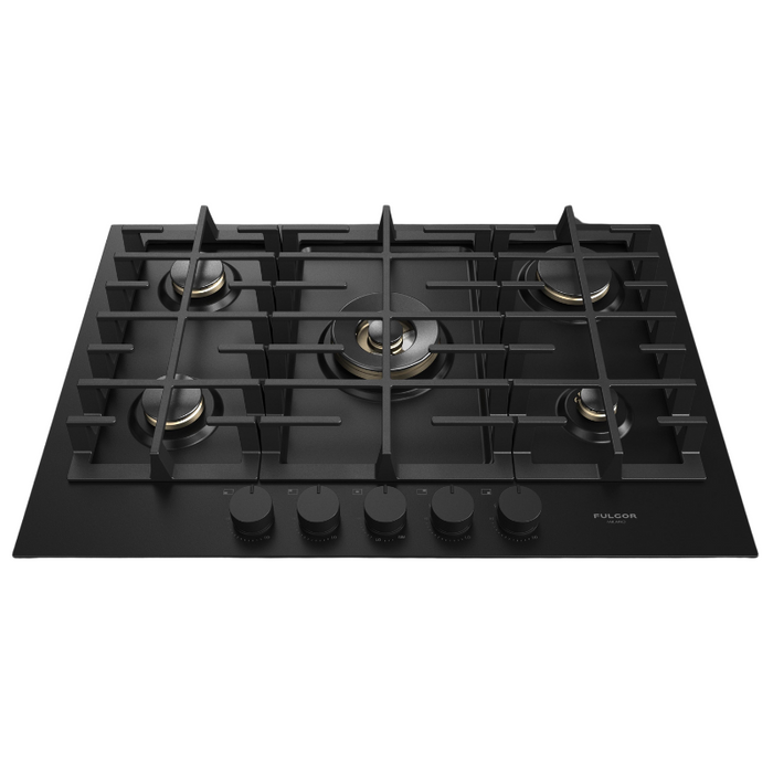 Fulgor Milano 30-Inch Matteo Built-In Gas Cooktop, 400 Series, 5 Brass Burners, 4 Sealed Burners, Powerful Central Dual Ring Wok Burner, Black Matte Porcelain Finish