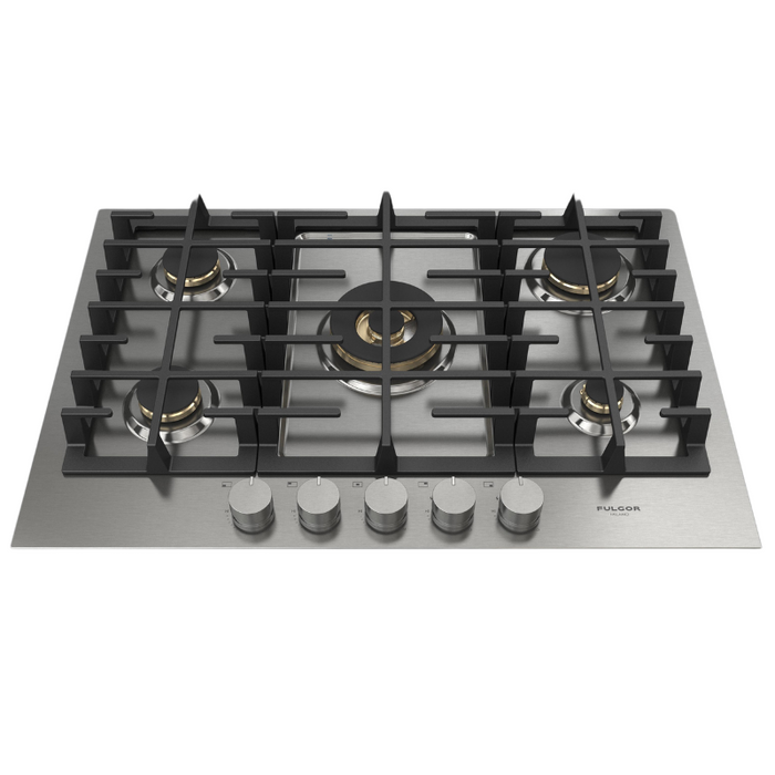 Fulgor Milano 30-Inch Matteo Built-In Gas Cooktop, 400 Series, 5 Brass Burners, 4 Sealed Burners, Powerful Central Dual Ring Wok Burner, Stainless Steel Finish