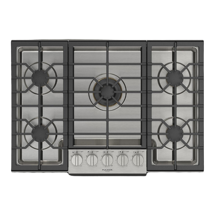Fulgor Milano 36-Inch Pro Built-In Gas Cooktop, 600 Series, 5 Brass Burners (1 Crescendo Dual Ring + 4 Sealed Burners), Halo Backlit Knobs, Stainless Steel Finish