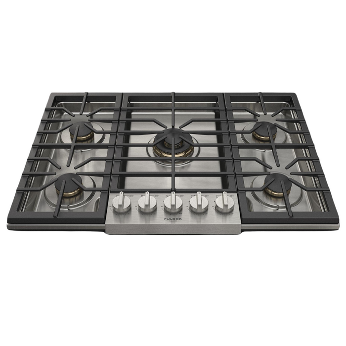 Fulgor Milano 36-Inch Pro Built-In Gas Cooktop, 600 Series, 5 Brass Burners (1 Crescendo Dual Ring + 4 Sealed Burners), Halo Backlit Knobs, Stainless Steel Finish