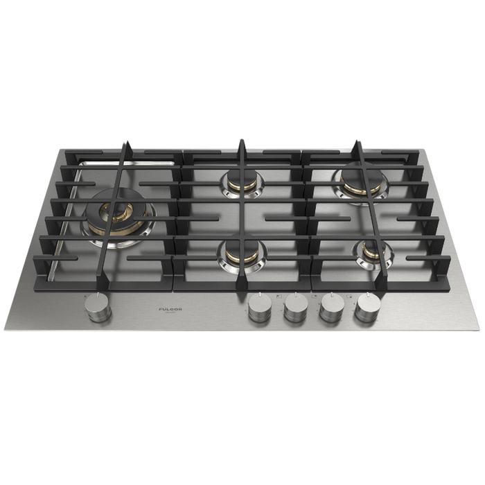 Fulgor Milano 36-Inch Matteo Built-In Gas Cooktop, 400 Series, 5 Brass Burners, 4 Sealed Burners, Powerful Dual Wok Burner on Left Side, Stainless Steel Finish