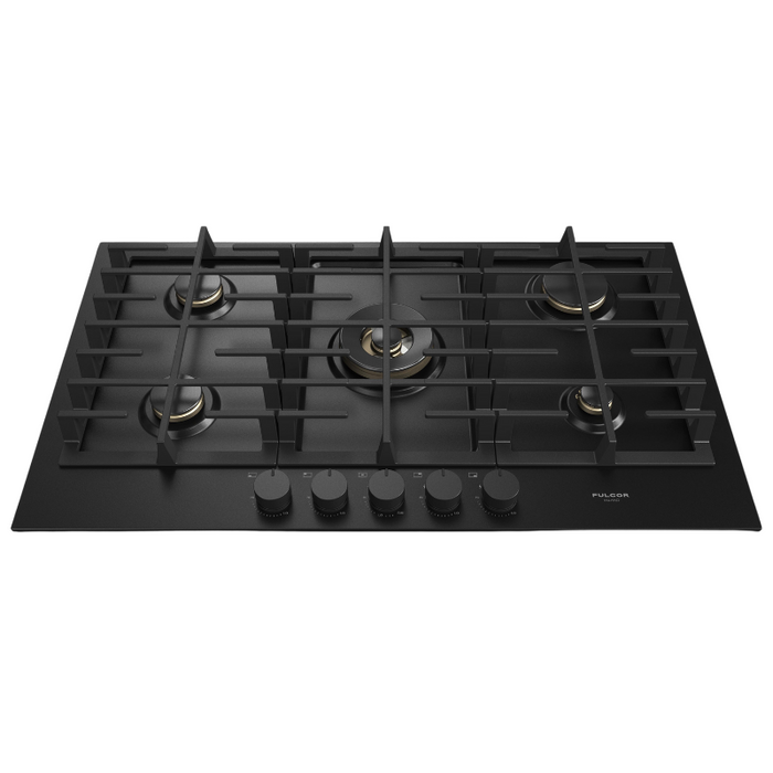 Fulgor Milano 36-Inch Matteo Built-In Gas Cooktop, 400 Series, 5 Brass Burners, 4 Sealed Burners, Powerful Central Dual Ring Wok Burner, Black Matte Porcelain Finish