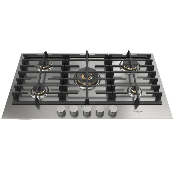 Fulgor Milano 36-Inch Matteo Built-In Gas Cooktop, 400 Series, 5 Brass Burners, 4 Sealed Burners, Powerful Central Dual Ring Wok Burner, Stainless Steel Finish