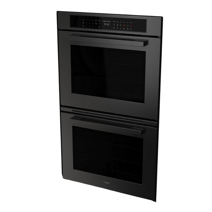 Fulgor Milano 30-Inch Matteo Built-In Electric Double Oven, 700 Series, Self-Clean, Dual Convection, Multi-Pass Broiler, Air Fry Function, Soft-Closing Door, 2 Standard Racks, 1 Telescopic Rack, Matte Black Finish