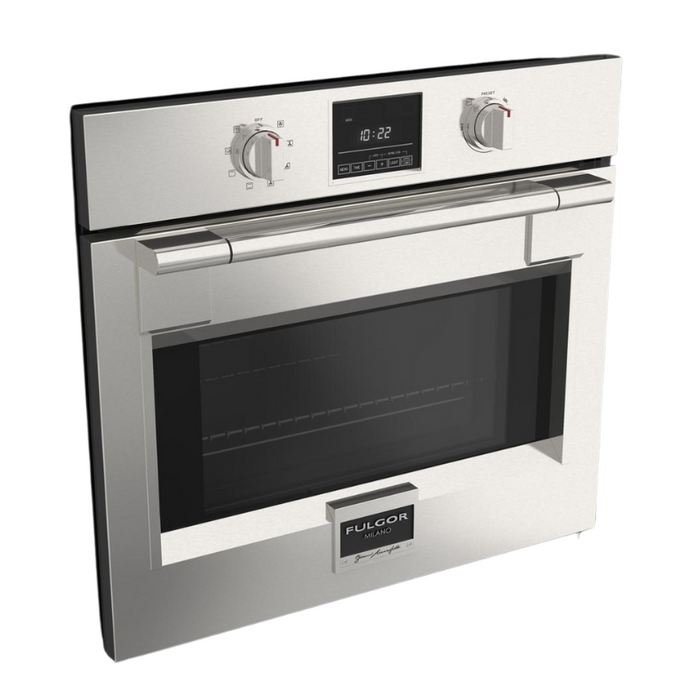 Fulgor Milano 30-Inch Pro Built-In Electric Single Oven, 600 Series, Self-Clean, Dual Convection, Multi-Pass Broiler, Soft-Close Door, 2 Standard Racks, 1 Telescopic Rack, Stainless Steel Finish