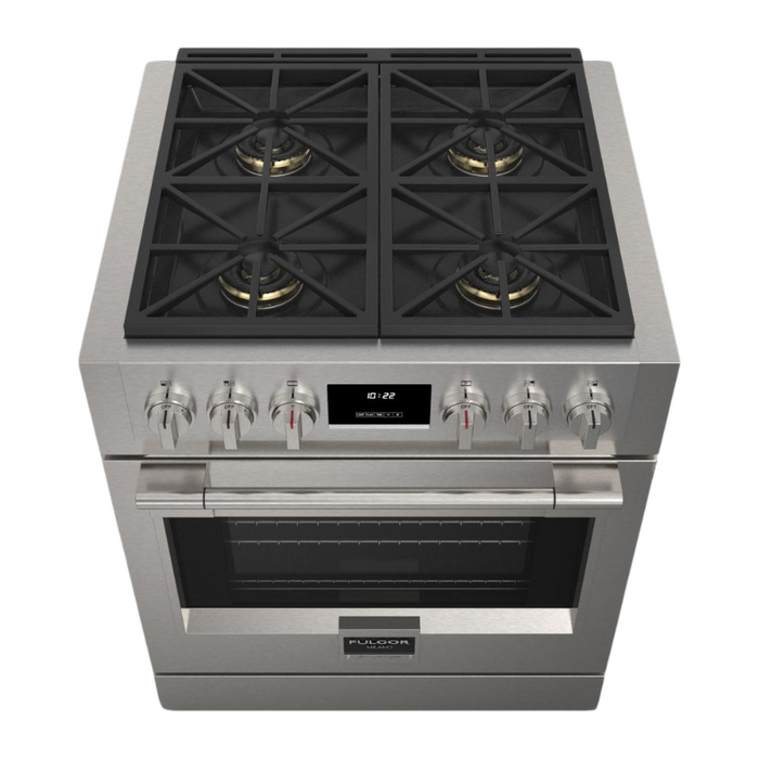 Fulgor Milano Sofia Pro 30-Inch Freestanding All-Gas Range, 600 Series, 4 Crescendo Dual Ring Brass Burners, Soft-Close Door