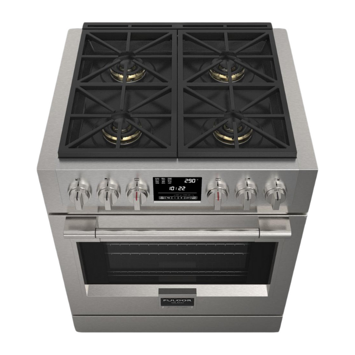 Fulgor Milano Sofia Pro 30-Inch Freestanding Dual Fuel Range, 600 Series, 4 Crescendo Dual Ring Brass Burners, Self-Clean, Soft-Close Door
