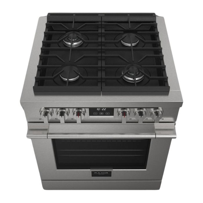 Fulgor Milano Accento Pro 30-Inch Freestanding All-Gas Range, 400 Series, 4 Burners (2 Crescendo Burners + 2 Sealed Burners)