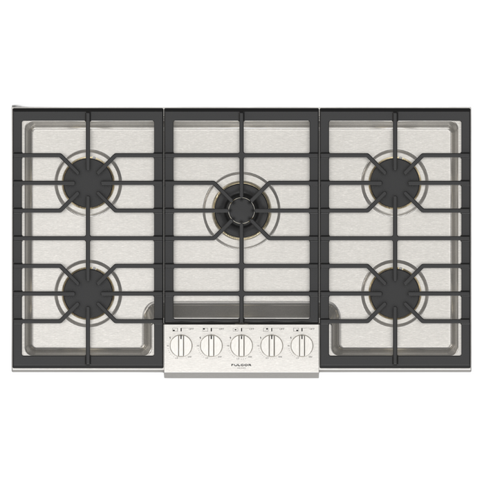 Fulgor Milano 36-Inch Pro Built-In Gas Cooktop, 600 Series, 5 Brass Burners (1 Crescendo Dual Ring + 4 Stacked Burners), Halo Backlit Knobs, Stainless Steel Finish